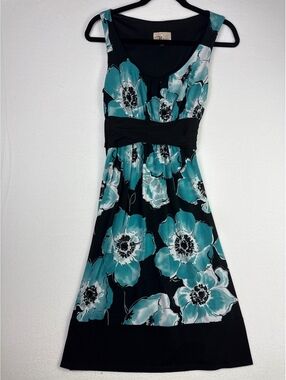 Roulette Medium Black and Teal Floral Sleeveless Dress with Waist Tie